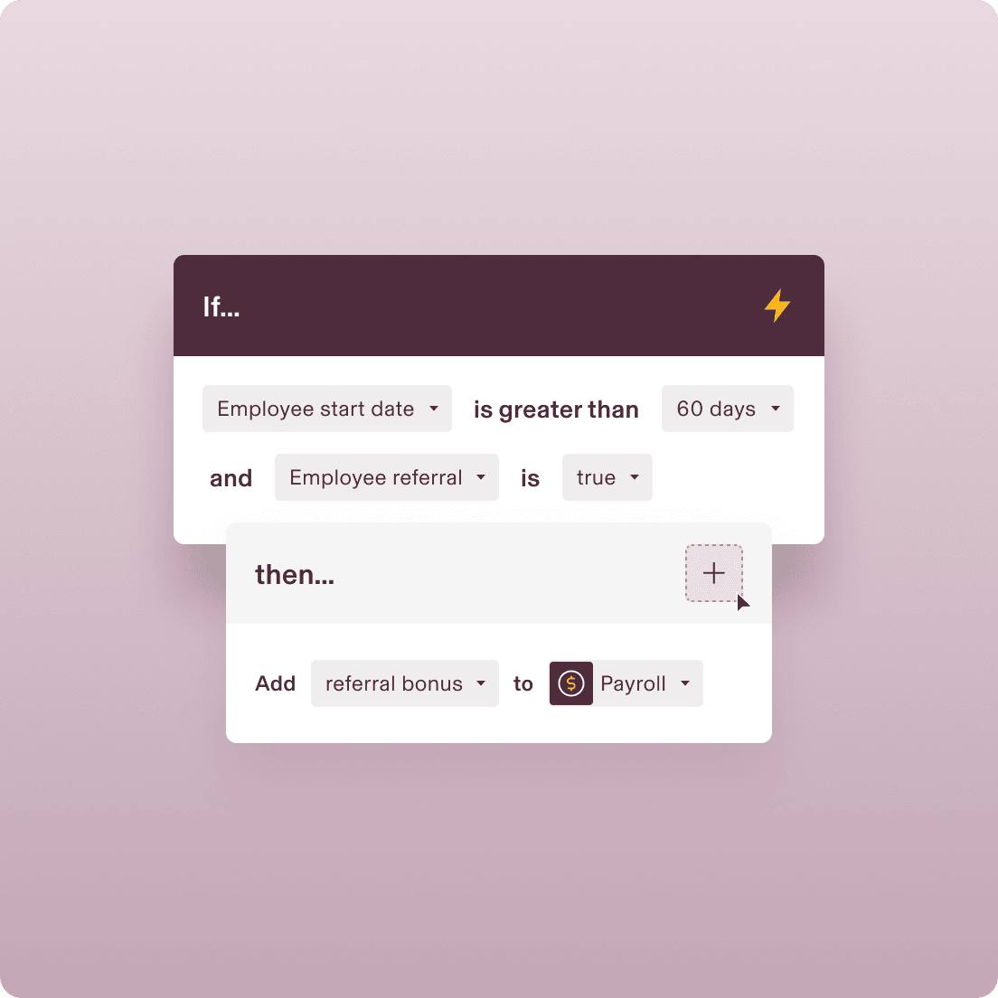 Workflow automation interface showing employee referral bonus rule: if length of service >60 days and referral is hired, add bonus to payroll.