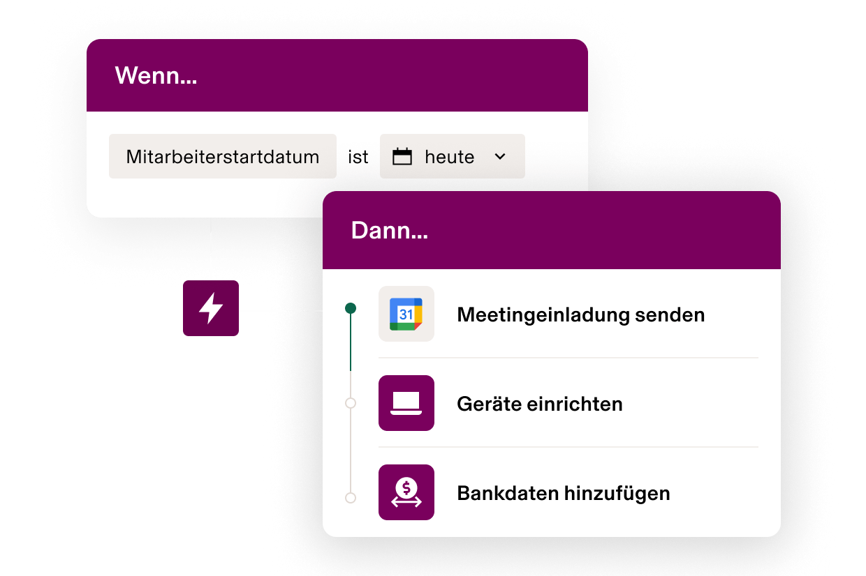 Workflow-Automatisierungsbildschirm mit Auslöser für Mitarbeiter-Onboarding und drei Aktionen: Meeting-Einladung senden, Geräte einrichten, Bank für ACH verknüpfen.