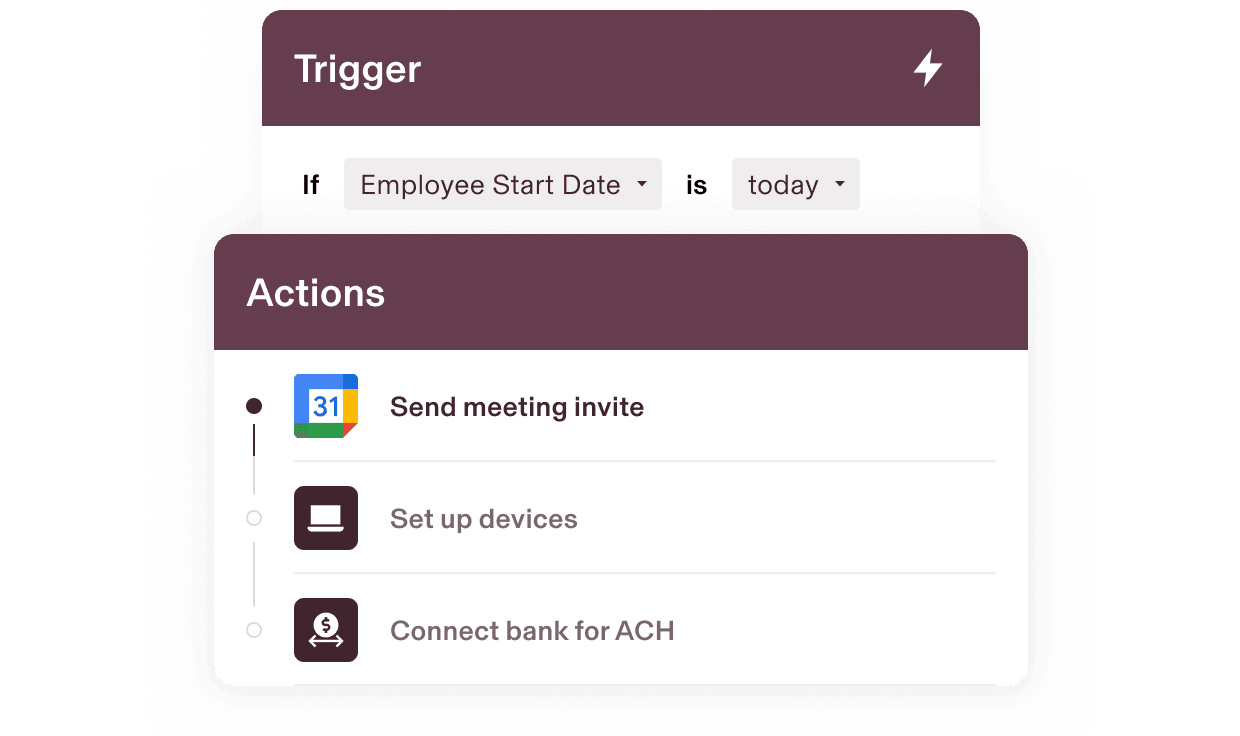 Workflow automation interface showing employee onboarding trigger and three actions: send meeting invite, set up devices, connect bank for ACH.