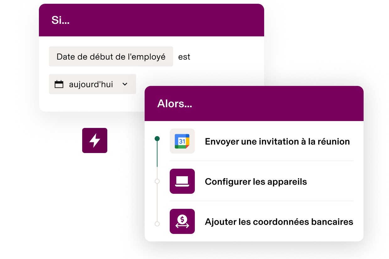 Interface de l’automatisation des workflows sur laquelle sont affichés le déclencheur d’onboarding des collaborateurs et trois actions : envoyer une invitation à la réunion, configurer les appareils et connecter la banque au service ACH.