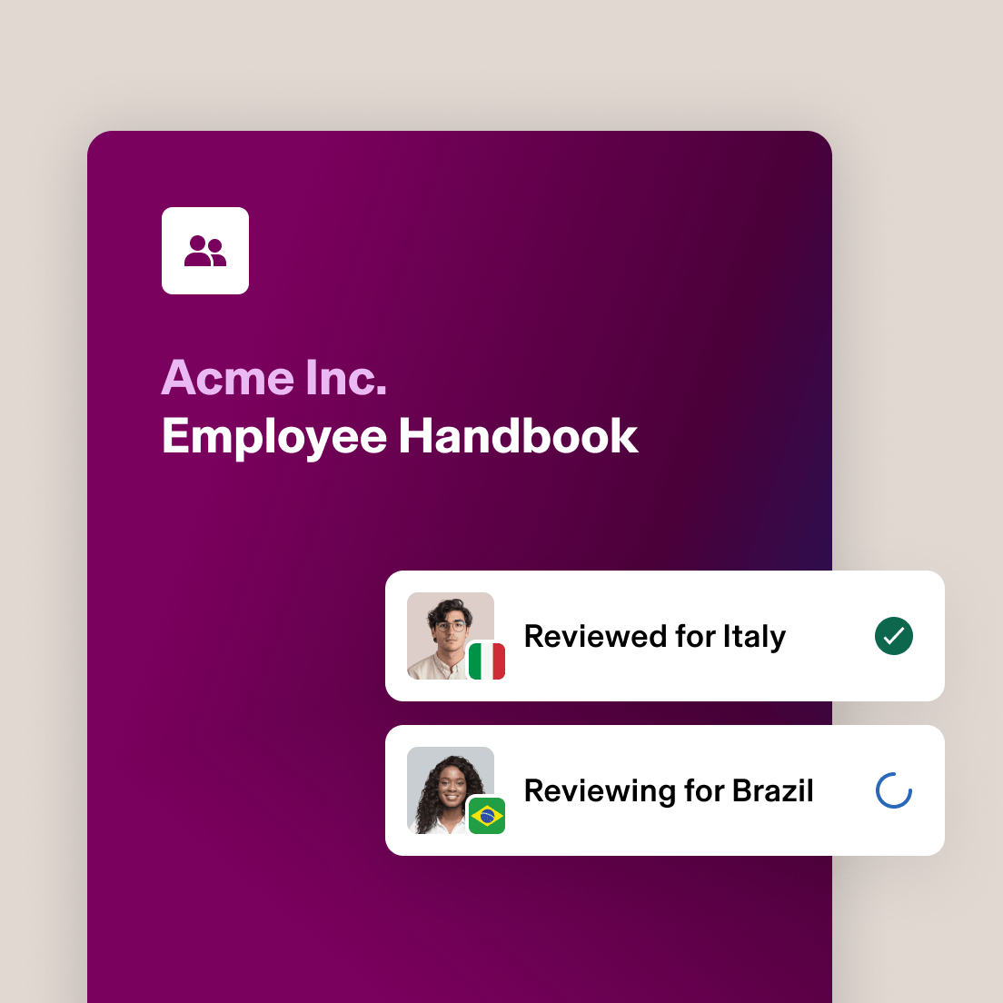 Acme Inc. Employee Handbook cover with maroon background and yellow user icon, showing reviewers for Italy and Brazil.