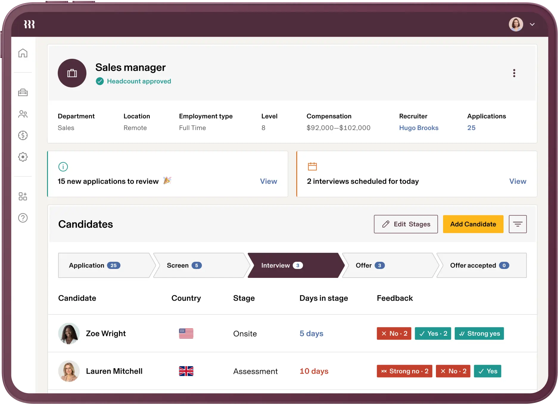 A dashboard interface showing a job listing for a Sales Manager position with details such as department, location, employment type, and compensation. Notifications indicate new applications and scheduled interviews. Below, a candidate section displays application stages, candidate names, countries, current stages, days in stage, and feedback options.