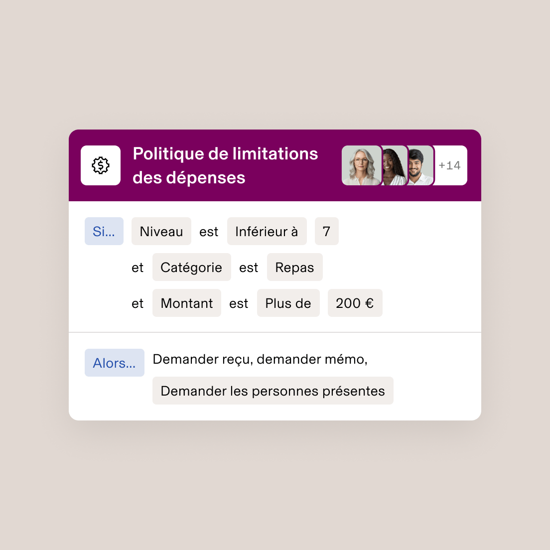 Interface de politique de plafond de dépenses sur laquelle sont affichées les règles du service Marketing avec un niveau supérieur à 6 et plus de 5 subordonnés directs.
