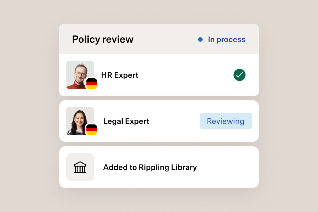 Policy review interface showing HR Expert approved, Legal Expert in review, and document added to Rippling Library.