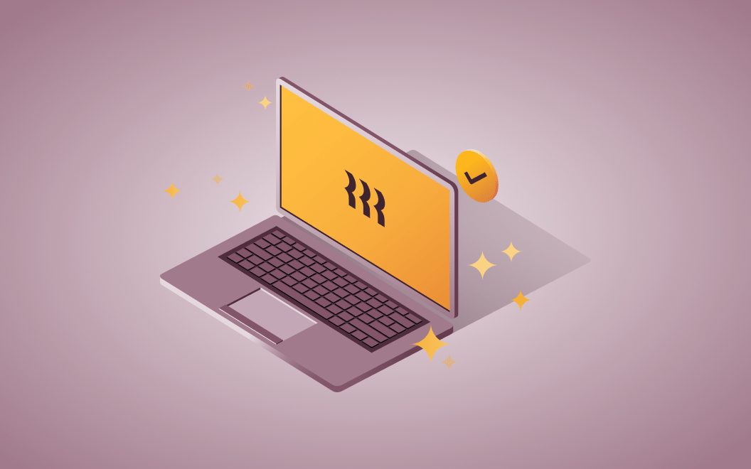 Graphic illustration of a laptop with sparkles and a checkmark icon