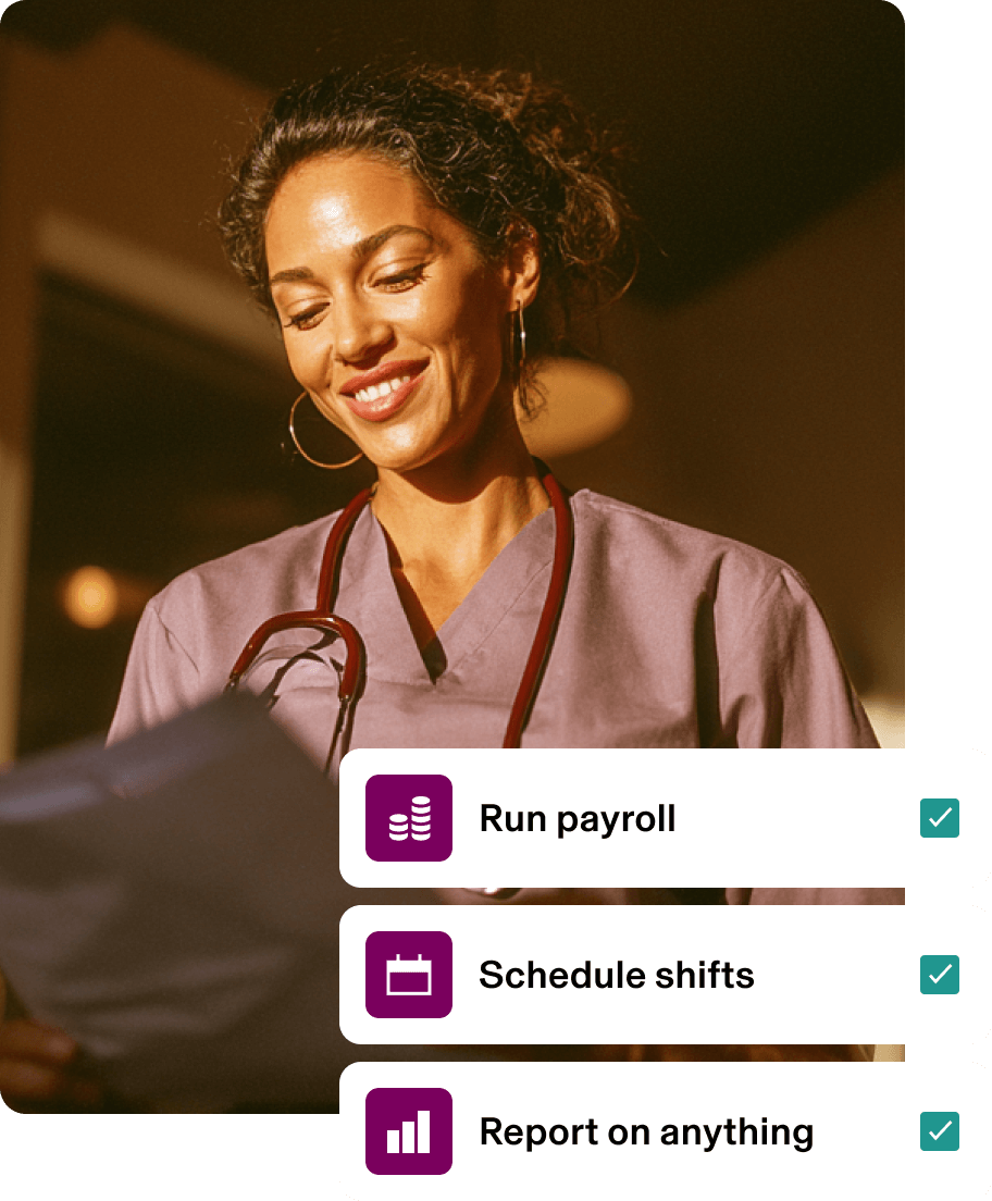 Healthcare professional in scrubs with stethoscope smiling, with payroll and scheduling interface options below.
