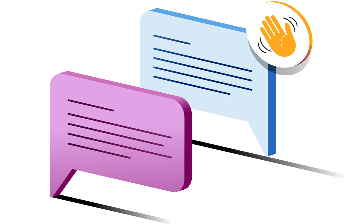 Pink and blue chat bubbles with text lines, featuring an orange waving hand icon indicating communication or greeting.