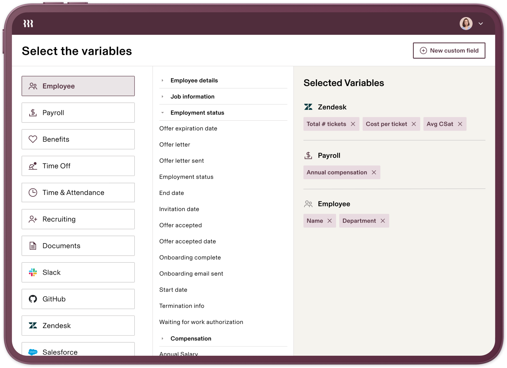 A screenshot of report variables and custom fields in Rippling on a tablet