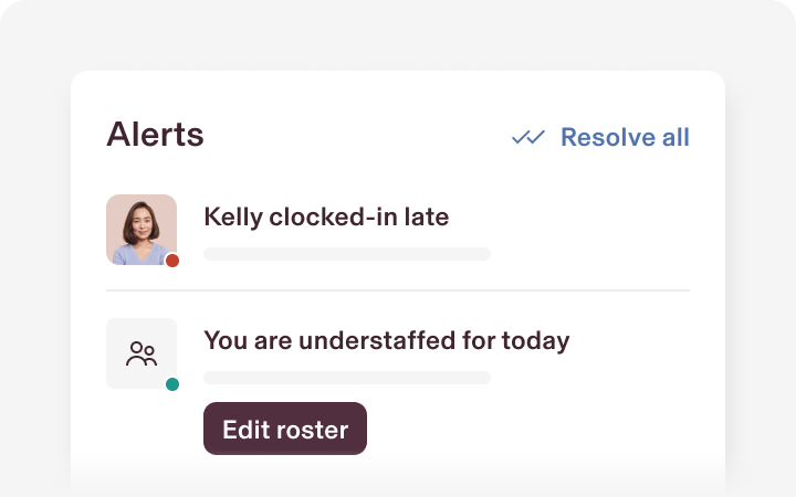 Two sample scheduling alerts in Rippling that say that Kelsey has clocked in late and you are understaffed for today