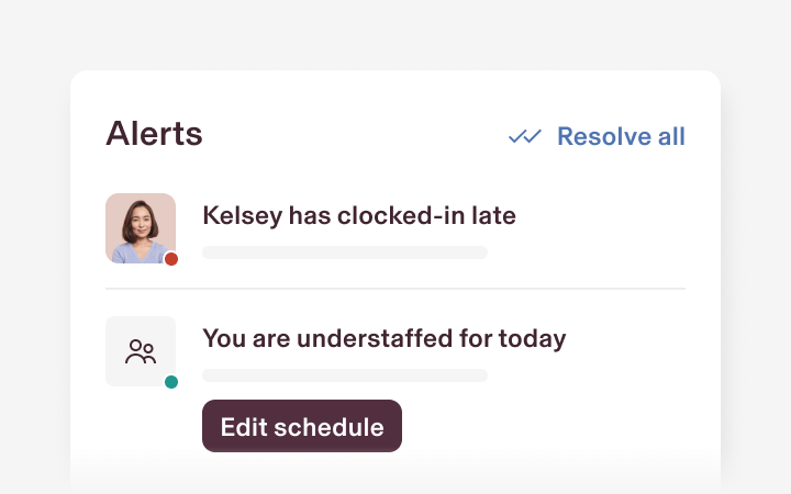Two sample scheduling alerts in Rippling that say that Kelsey has clocked in late and you are understaffed for today