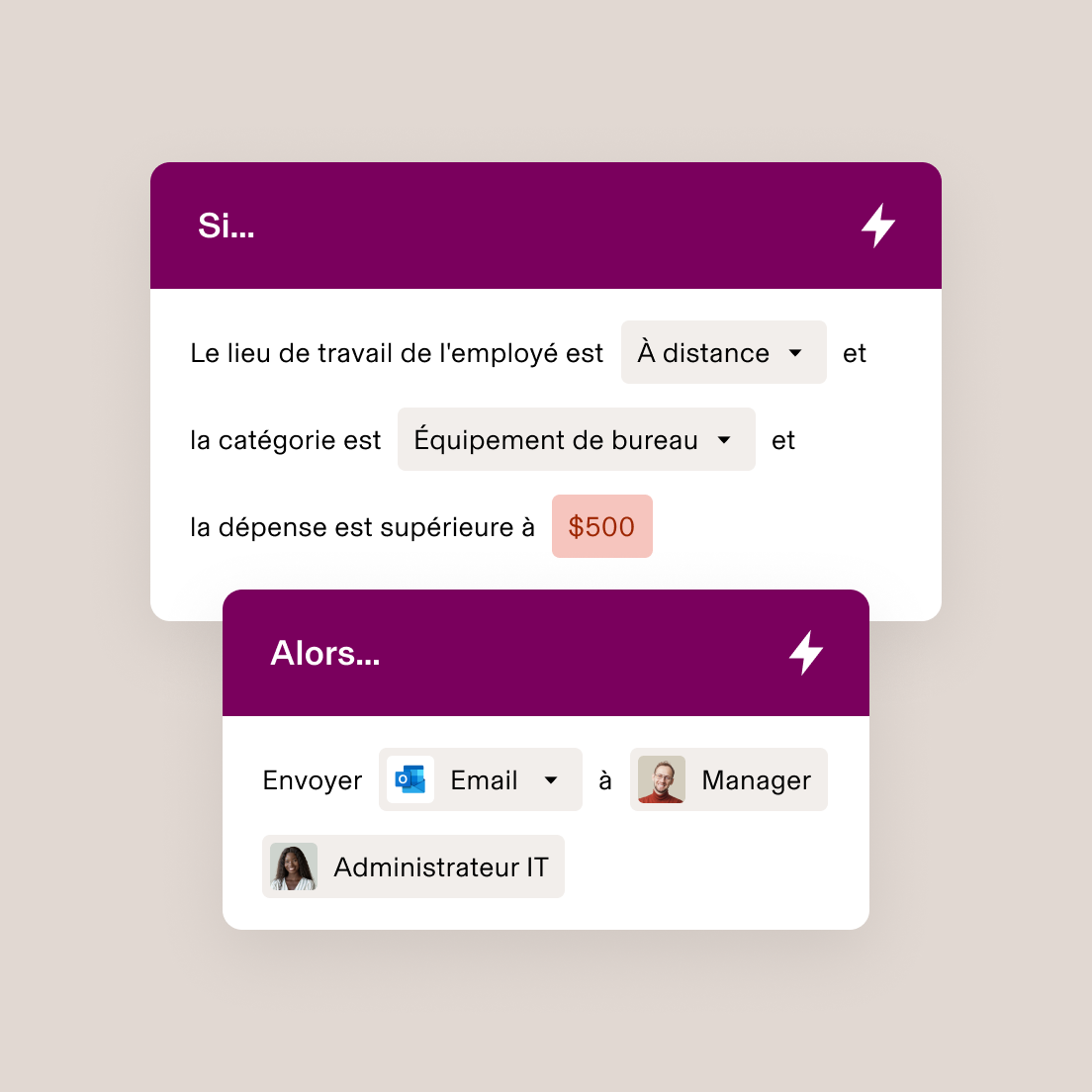 Interface d’automatisation des flux de travail affichant la règle « si-alors » suivante : si un télétravailleur achète du matériel de bureau d’une valeur dépassant 500 $, alors un courriel est envoyé à son directeur et à l’administrateur des TI.