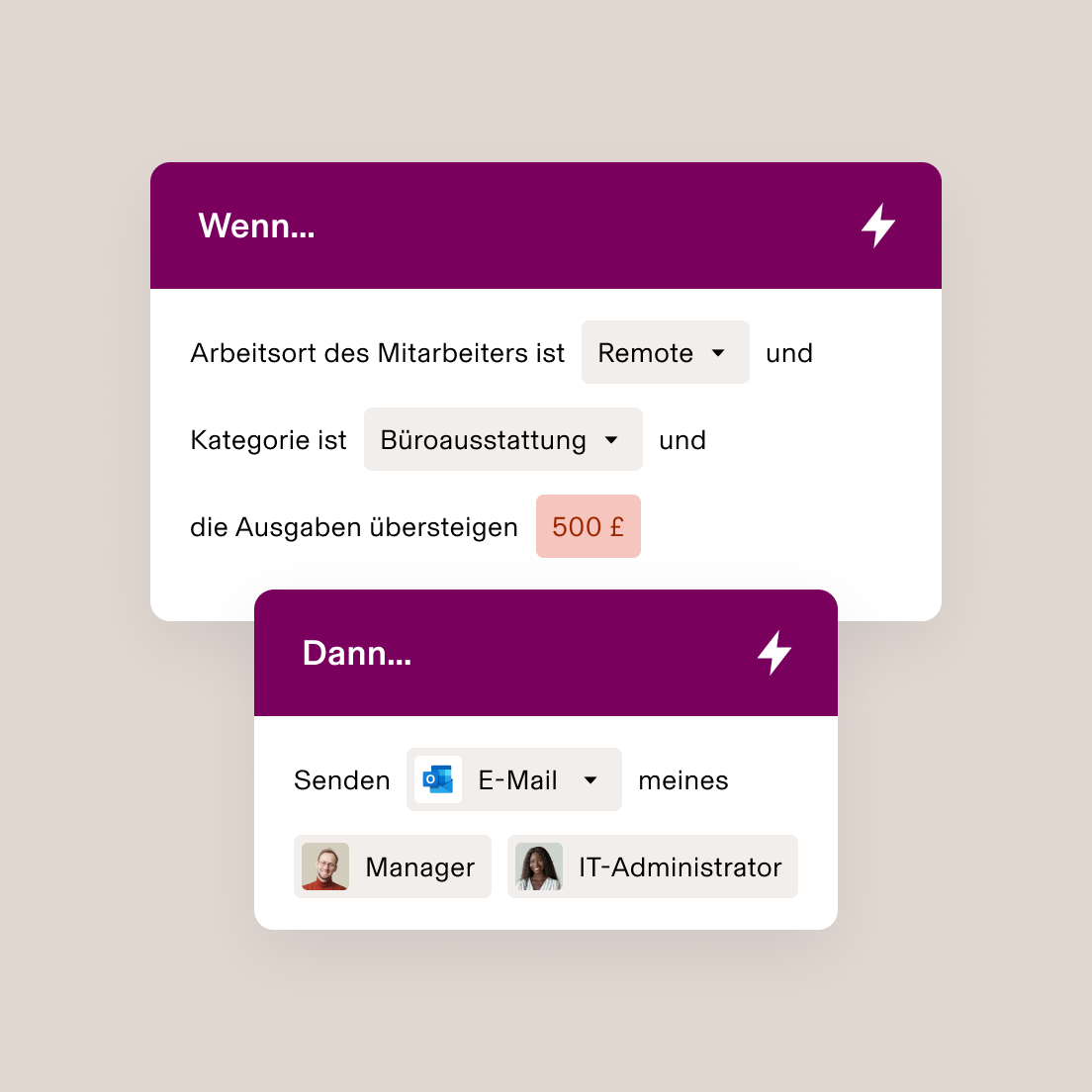 Ansicht der Workflow-Automatisierung mit der Wenn-dann-Regel: Wenn ein mobiler Mitarbeiter Büroausstattung im Wert von über 500 USD kauft, dann werden der Manager und der IT-Admin per E-Mail benachrichtigt.