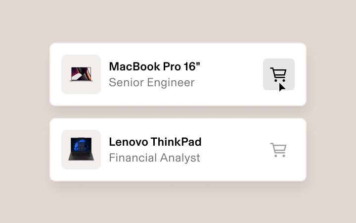 E-commerce interface showing laptop options: MacBook Pro 16" for Senior Engineer and Lenovo ThinkPad for Financial Analyst.