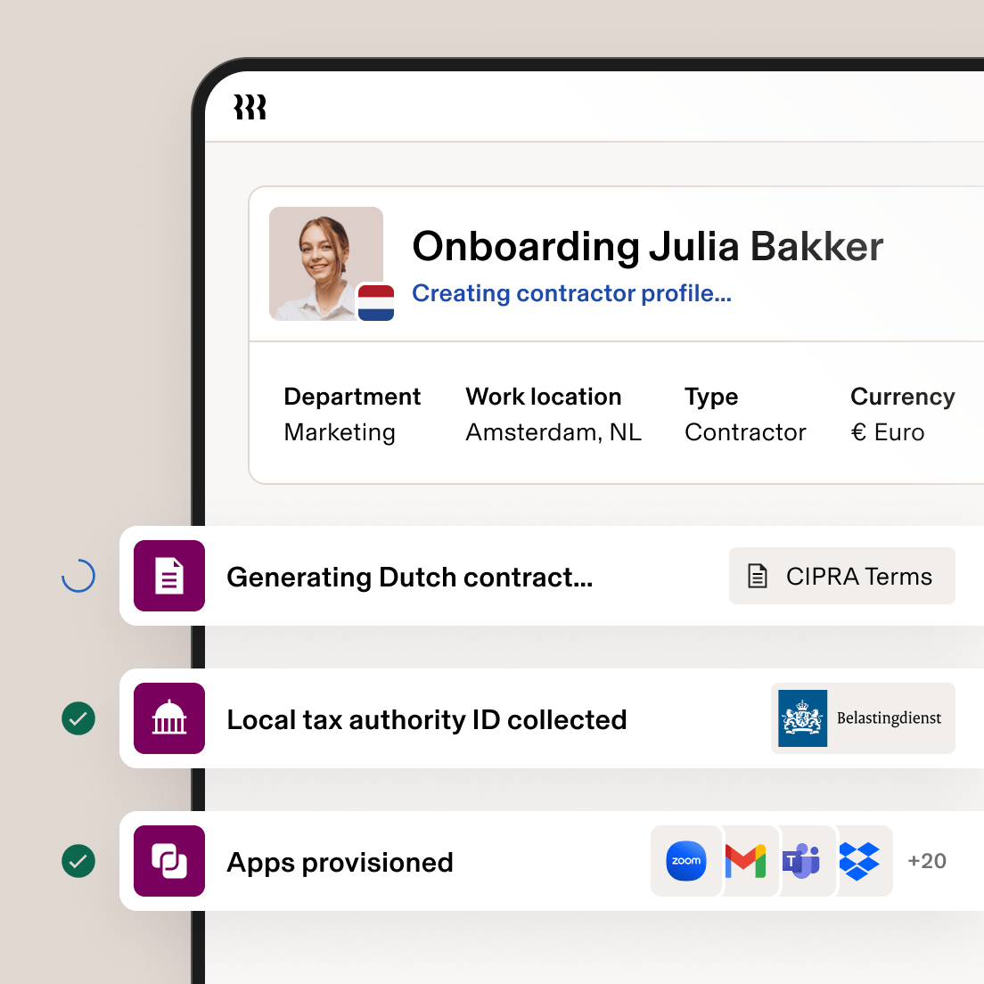 Tablet showing a screen in Rippling titled Onboarding Gabrielle Hill with text that says creating contractor profile and with steps including generating German Contractor Agreement, local tax authority ID collected, and apps provisioned