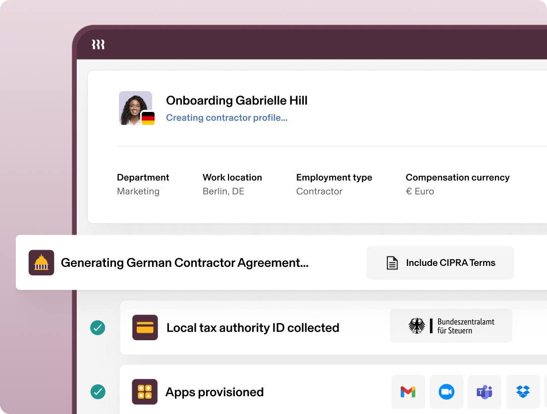 UI example of onboarding a contractor in Germany