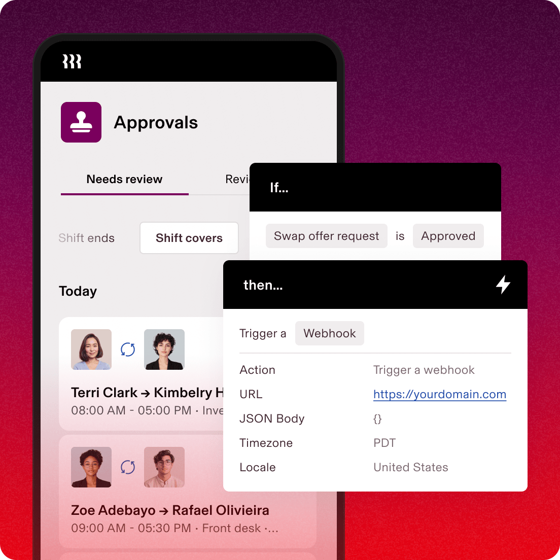 Screen in Rippling on a smartphone titled “Approvals” with a rule that says, “If … Swap offer request is Approved”, then “Trigger a Webhook”