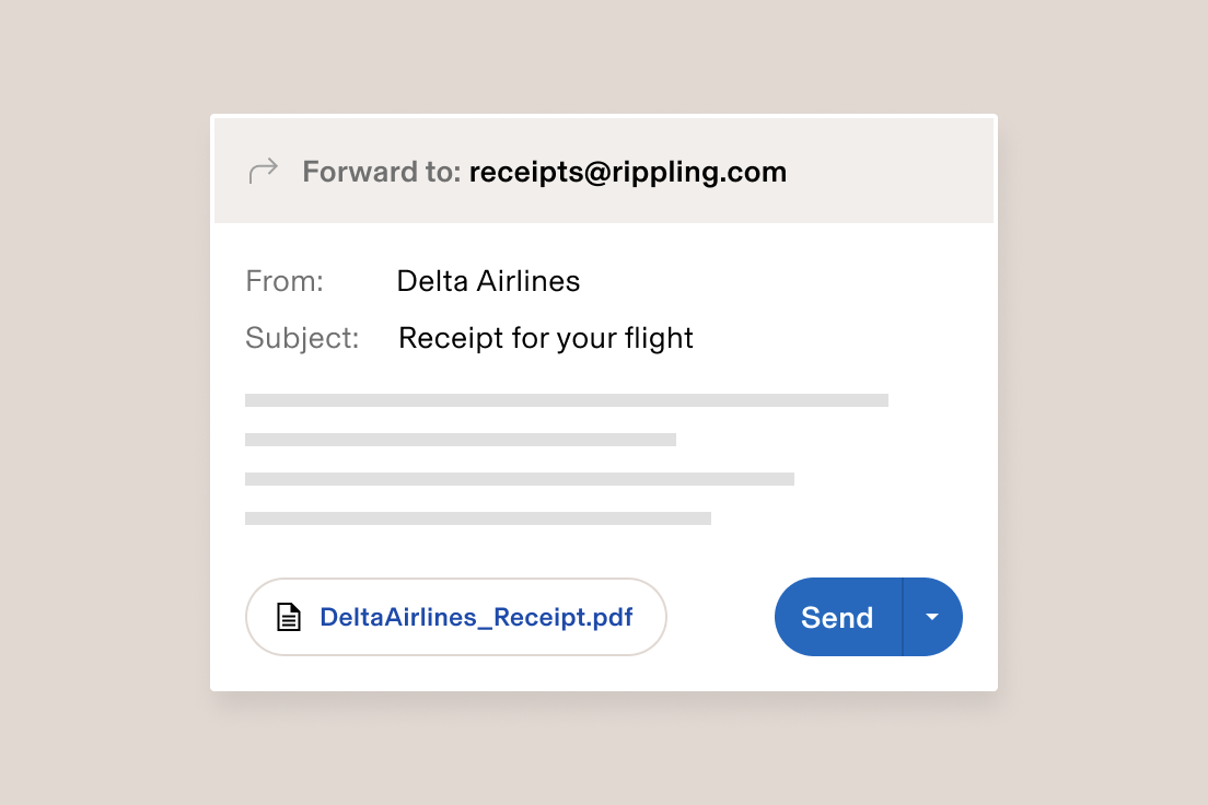 Email interface showing Delta Airlines flight receipt being forwarded to receipts@rippling.com with attached PDF.
