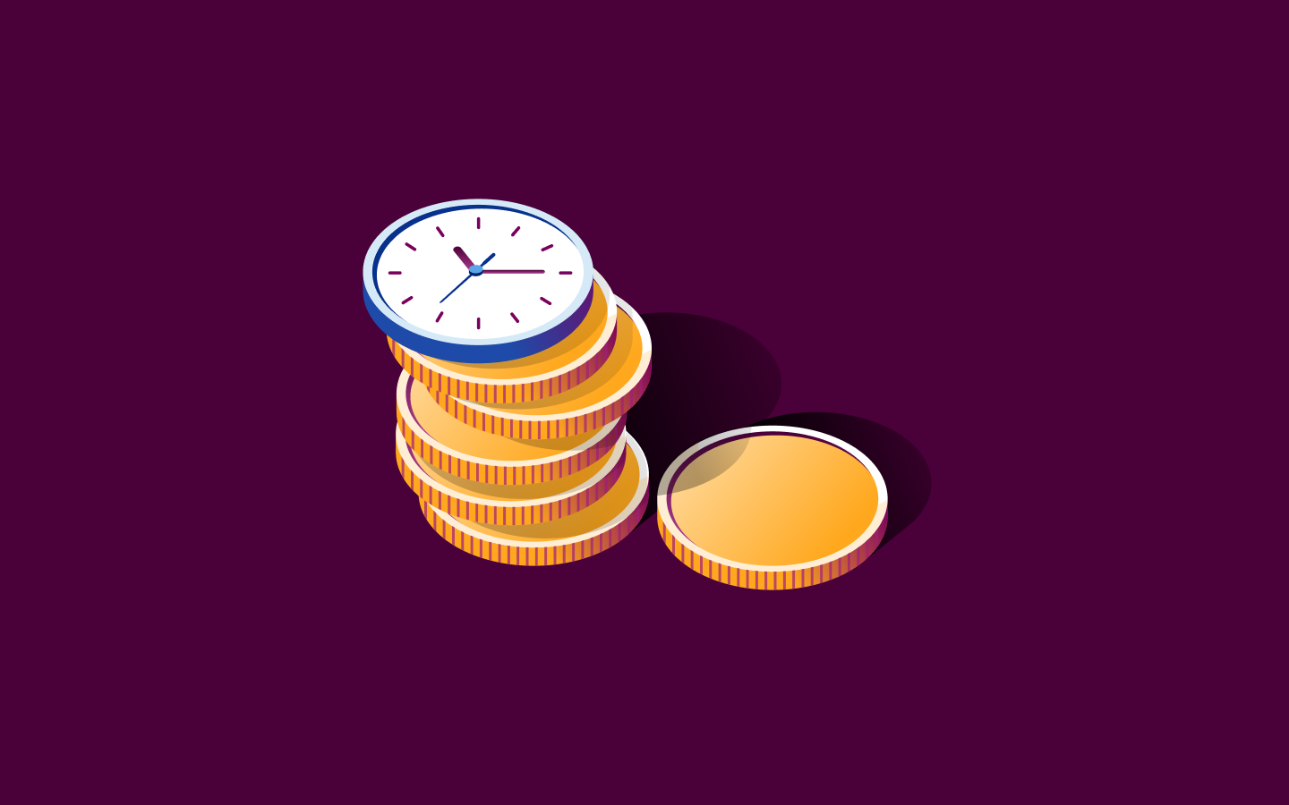 Clock face atop stack of gold coins against purple background, illustrating time and money concept.