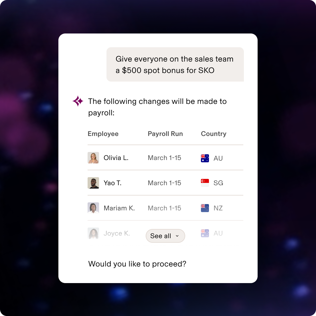 Payroll interface showing $500 bonus approval for sales team with employee list from USA, France, and Canada for March 1-15 period