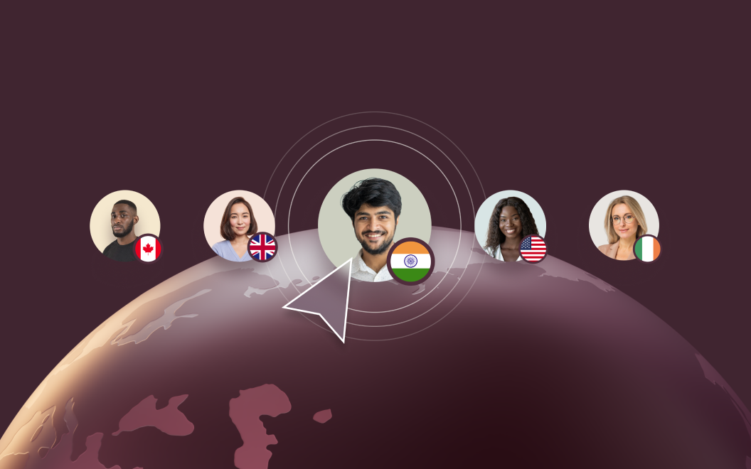 Graphic illustration of five global employees overlapping a large globe
