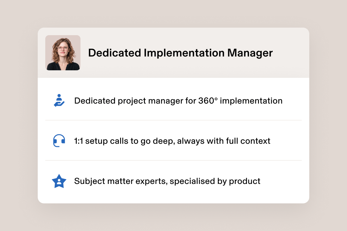 Image of a dedicated implementation manager with details on personalised onboarding, expert setup and project management