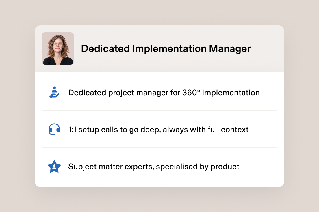 Image of a dedicated implementation manager with details on personalised onboarding, expert setup and project management
