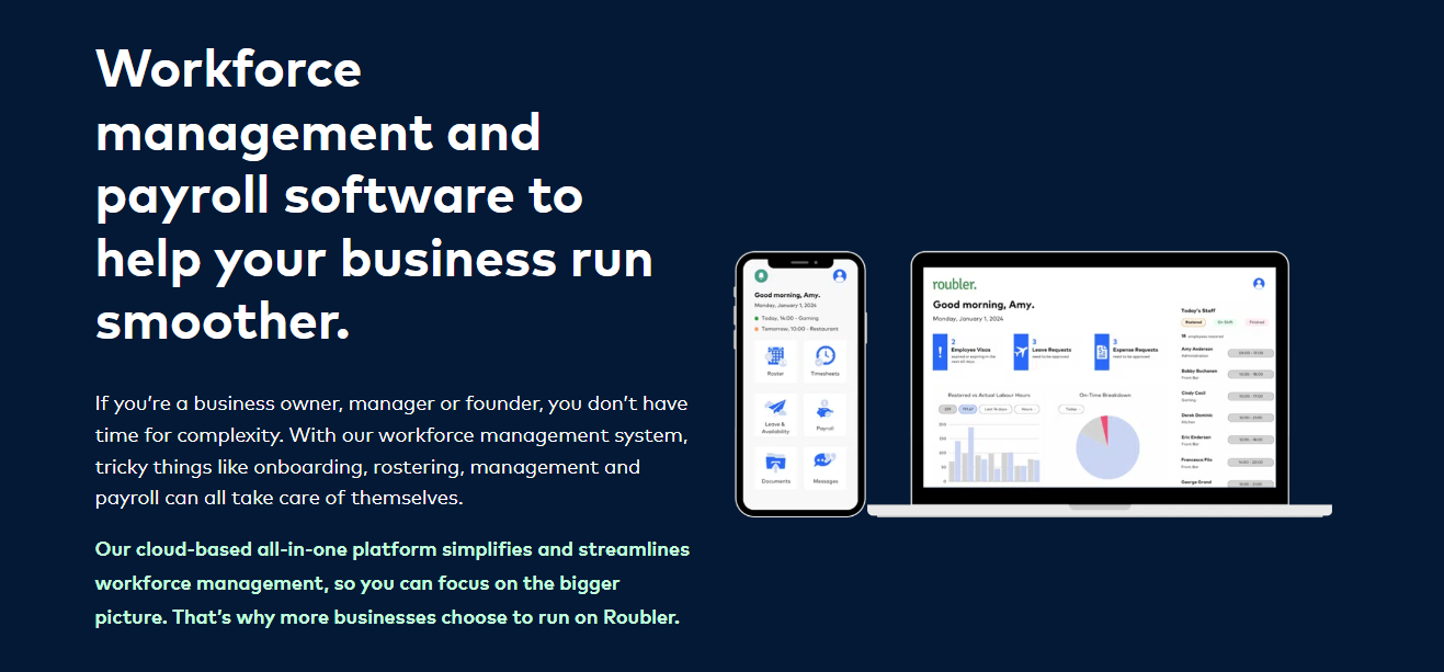 Workforce management software interface shown on mobile and desktop devices with dashboard analytics against dark blue background.