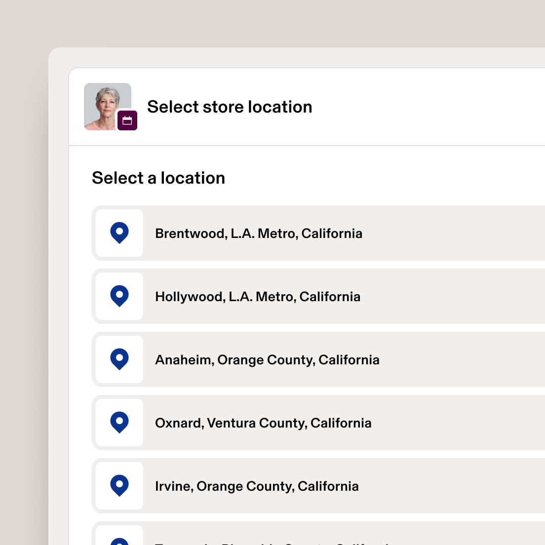 Store location selection interface showing California locations including Brentwood, Hollywood, Anaheim, Oxnard and Irvine.