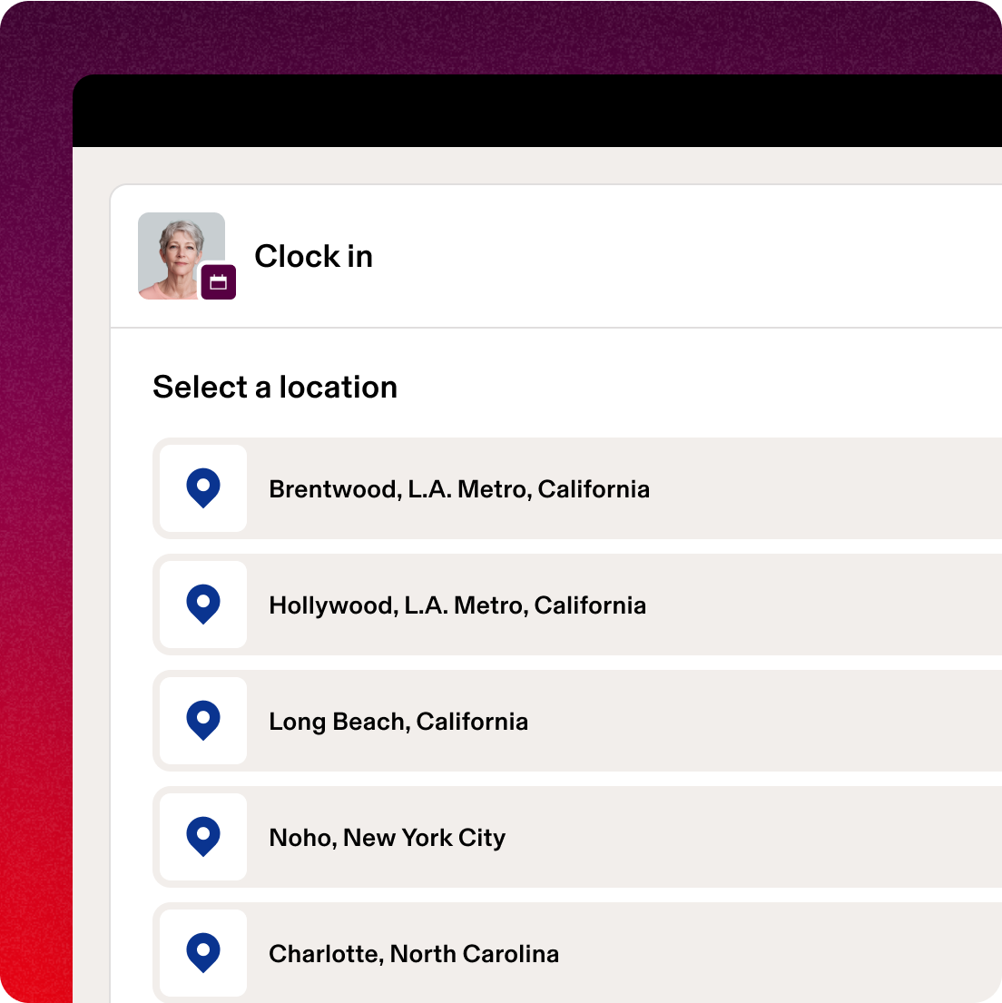 Screen in Rippling titled “Clock in” with text that says “Select a location” and a list of store locations