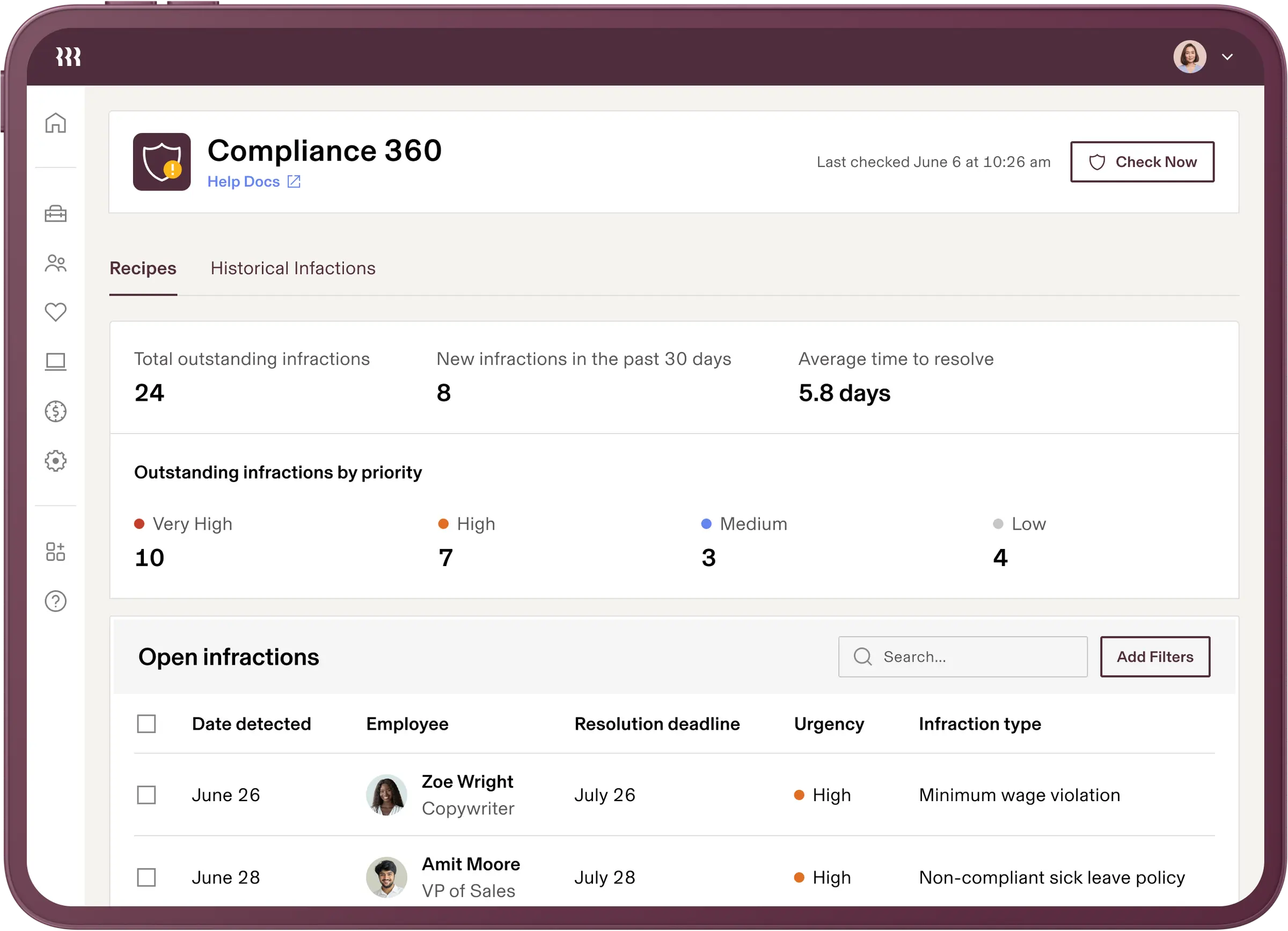 Screenshot of an open infractions report in Rippling Compliance 360 on a tablet