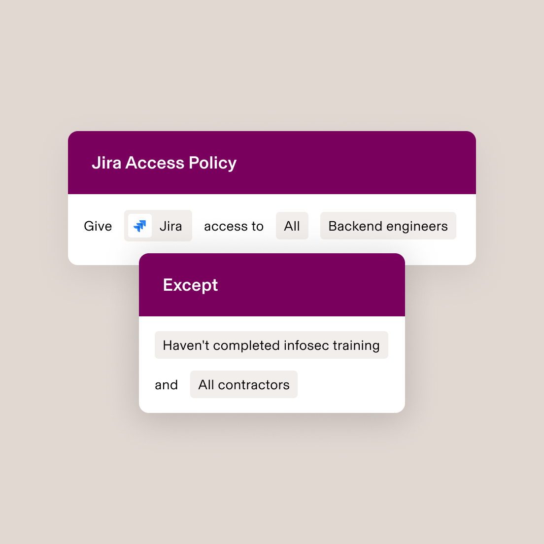 Jira Access Policy interface showing backend engineers get access except those without infosec training and contractors.