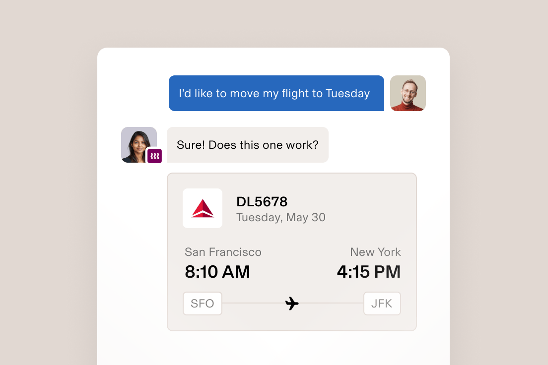 A screenshot of a chat between an employee and a Rippling travel agent about moving a flight