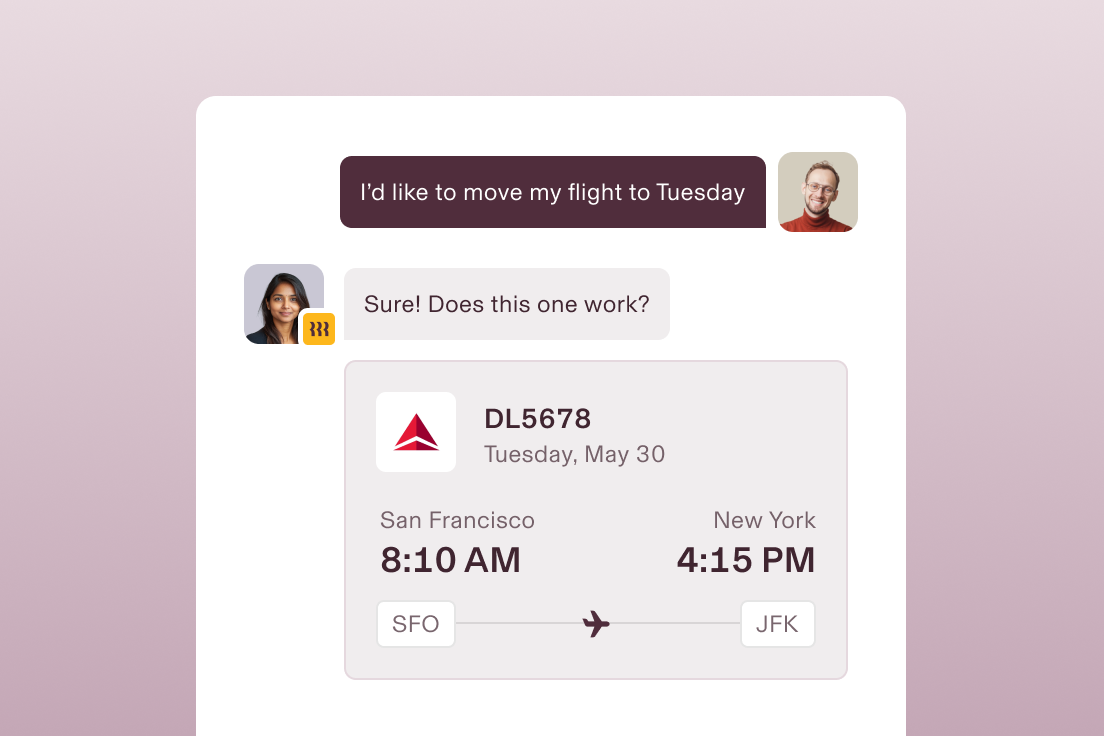 A screenshot of a chat between an employee and a Rippling travel agent about moving a flight