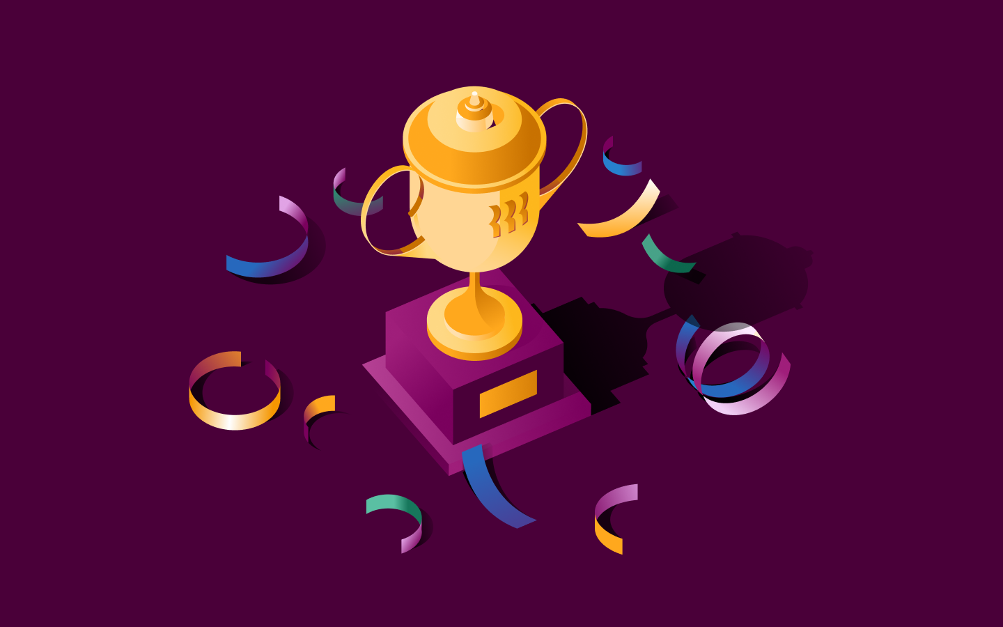 Golden trophy on purple pedestal surrounded by colorful ribbon confetti against deep purple background.