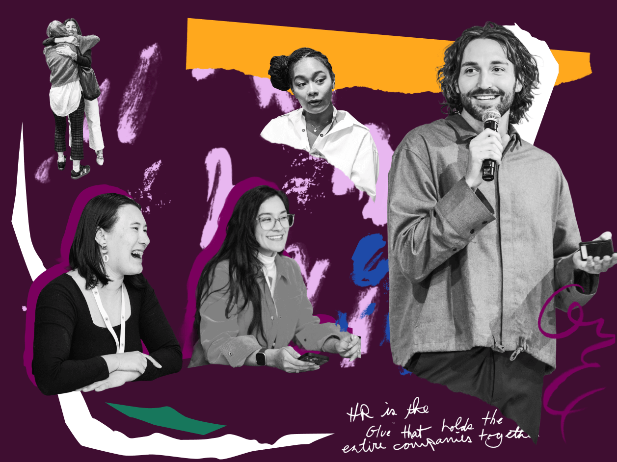 Various collaged images of professionals on a dark berry background