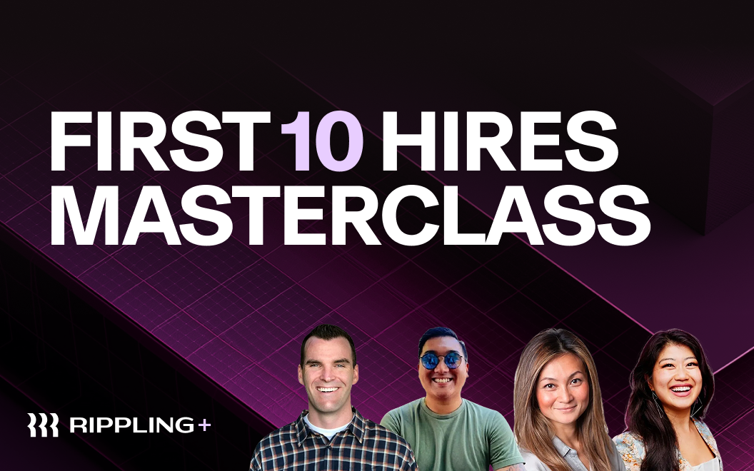 Hero image for the first 10 hires masterclass with images of speakers Patrick Thompson, Alysha Salinger, Ben Cheung and C.C. Gong