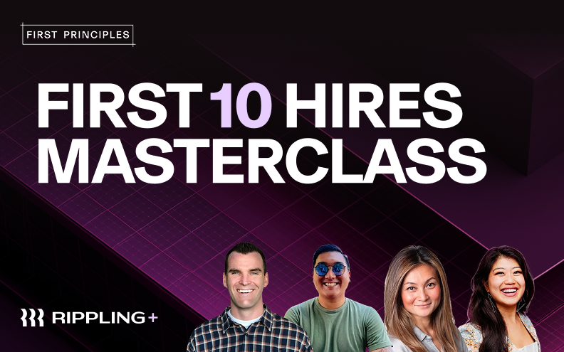 Hero image for the first 10 hires masterclass with images of speakers Patrick Thompson, Alysha Salinger, Ben Cheung and C.C. Gong