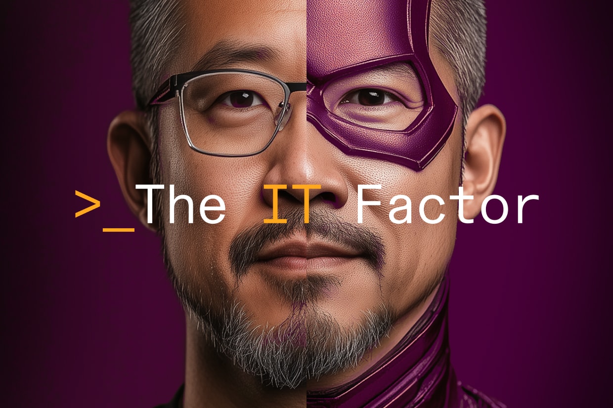 Portrait of a man's face who is split down the middle between two personas: IT tech pro, and superhero.
