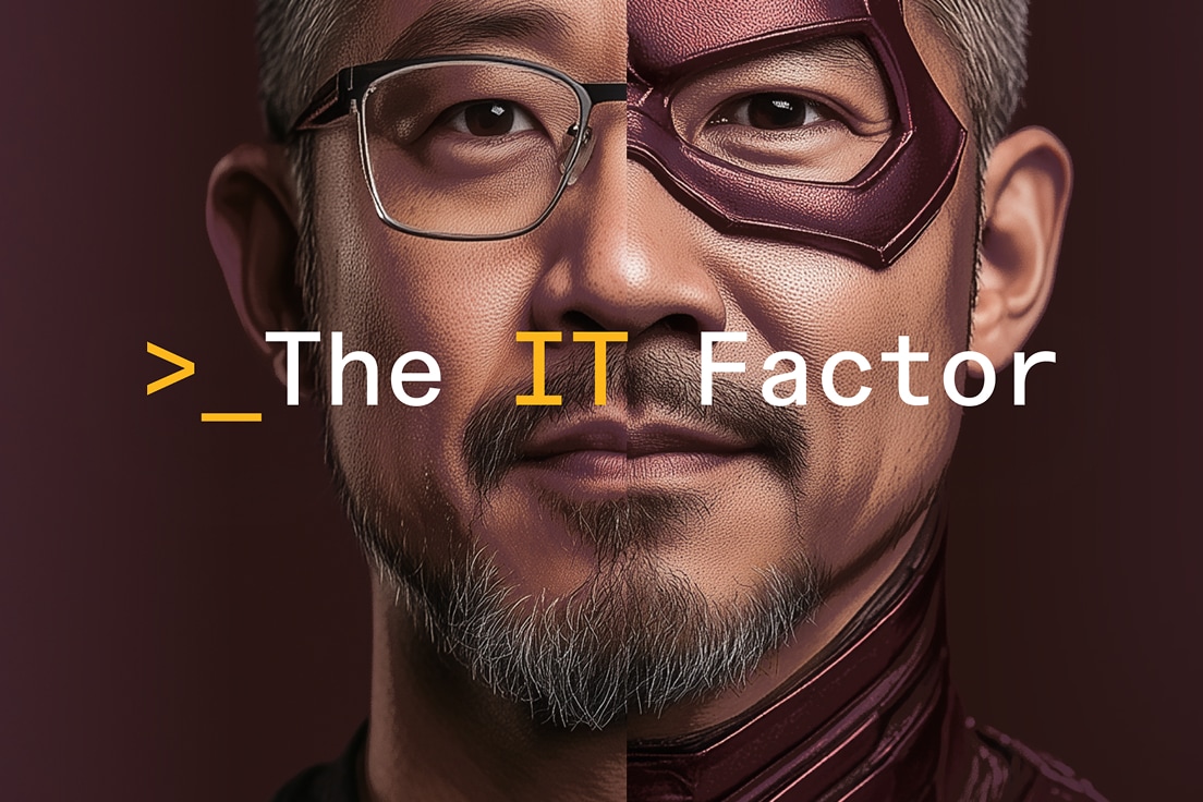 Portrait of a man's face who is split down the middle between two personas: IT tech pro, and superhero.