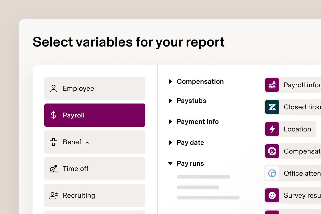 A screen in Rippling that says select variables for your report with a list of menu items including Employee, Payroll, Benefits, Time off, and Recruiting