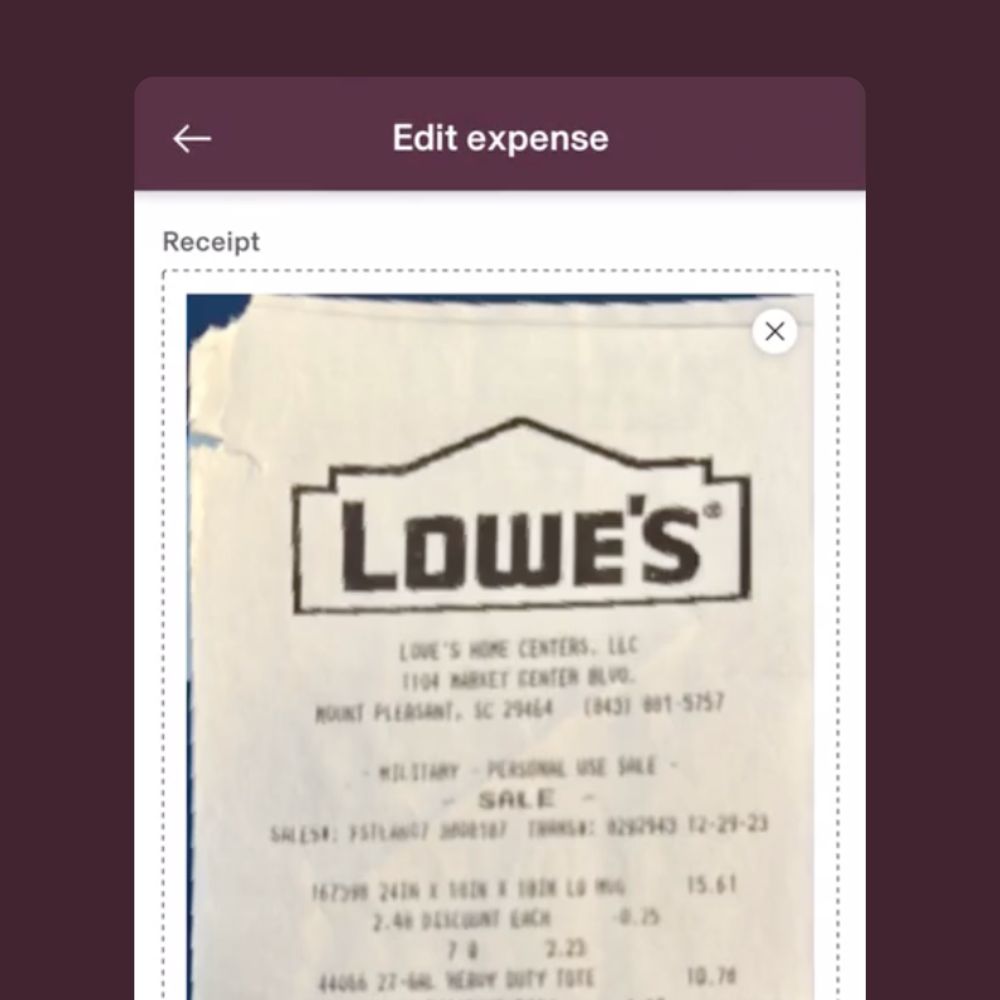 Preview of a receipt in the Rippling app, wherein AI is used to extract key information to turn the receipt into ready-to-submit expenses. 