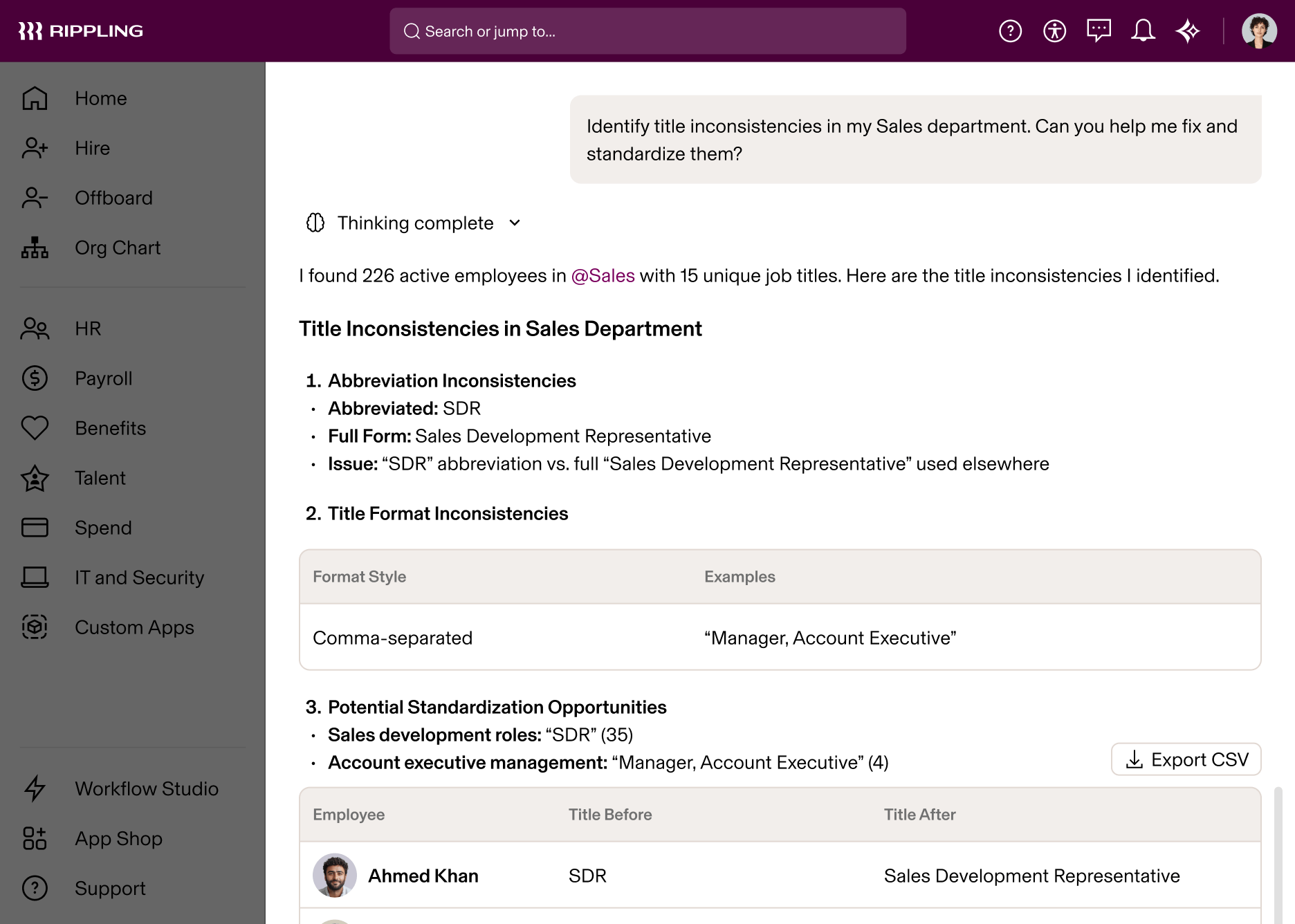 Rippling AI showing analysis of job title inconsistencies in Sales department with standardization recommendations
