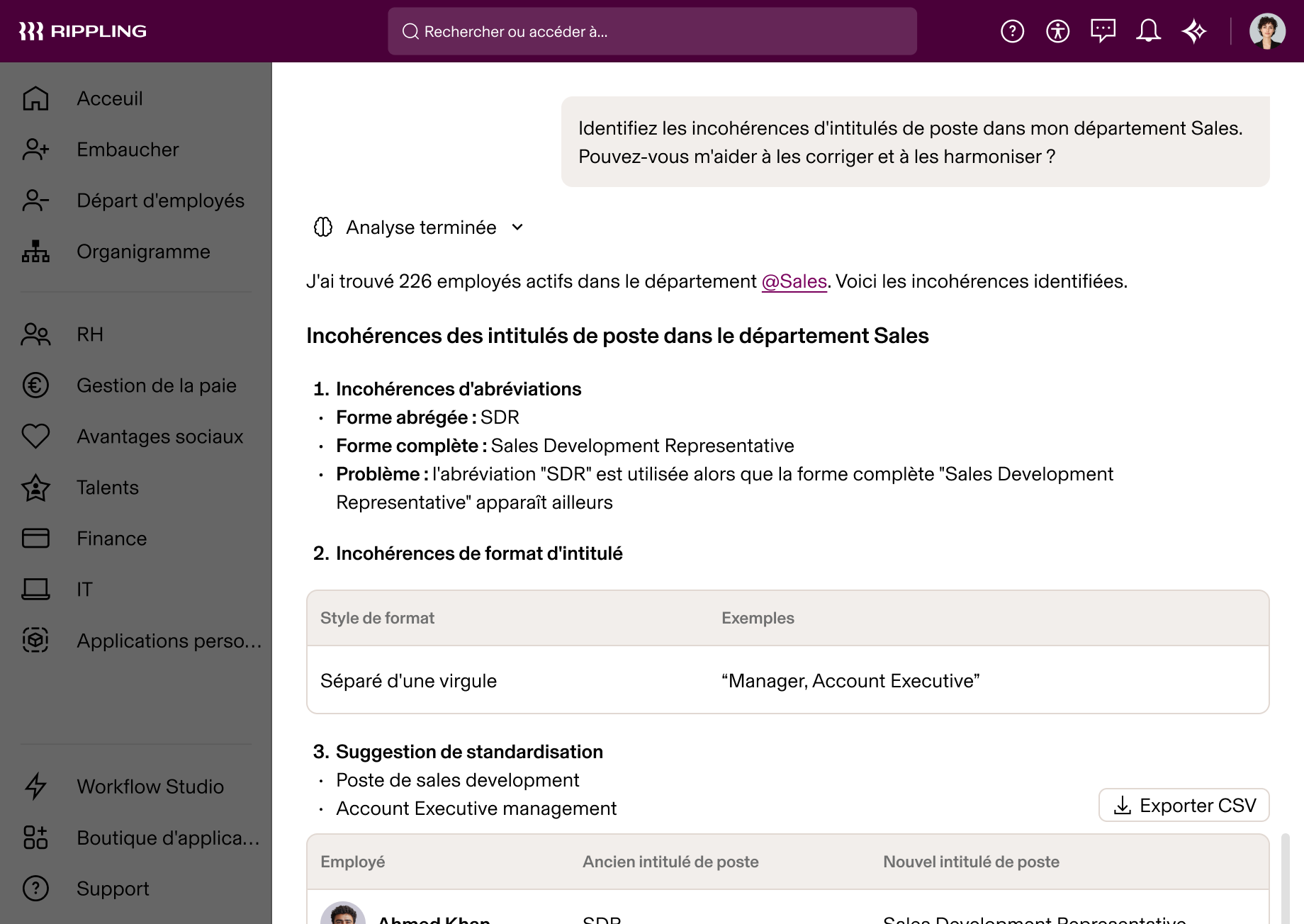 Rippling AI affichant une analyse des incohérences dans les intitulés de poste du département Sales, avec des recommandations de standardisation
