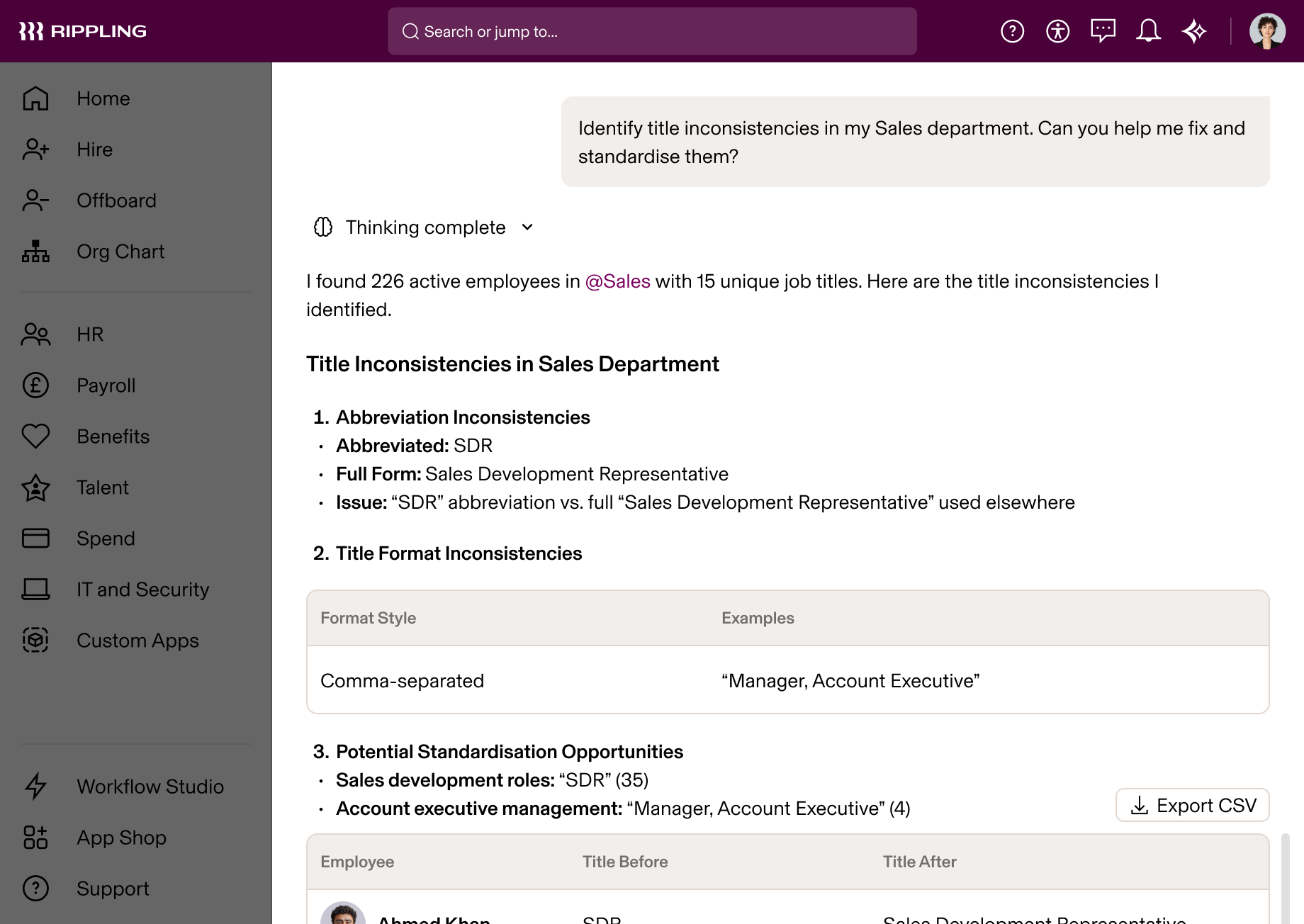 Rippling AI showing analysis of job title inconsistencies in Sales department with standardization recommendations