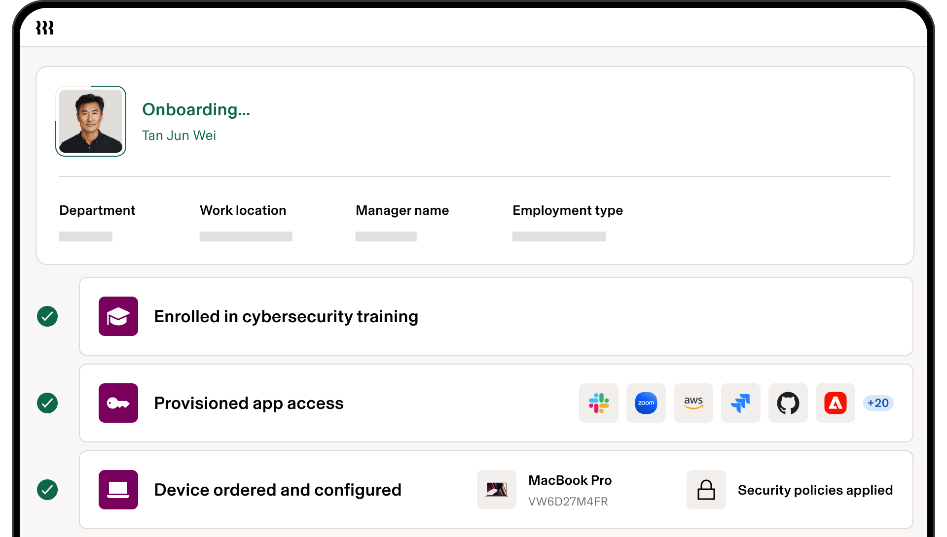 Employee onboarding screen showing completed cybersecurity training, app access provisioning, and device configuration for a new hire.