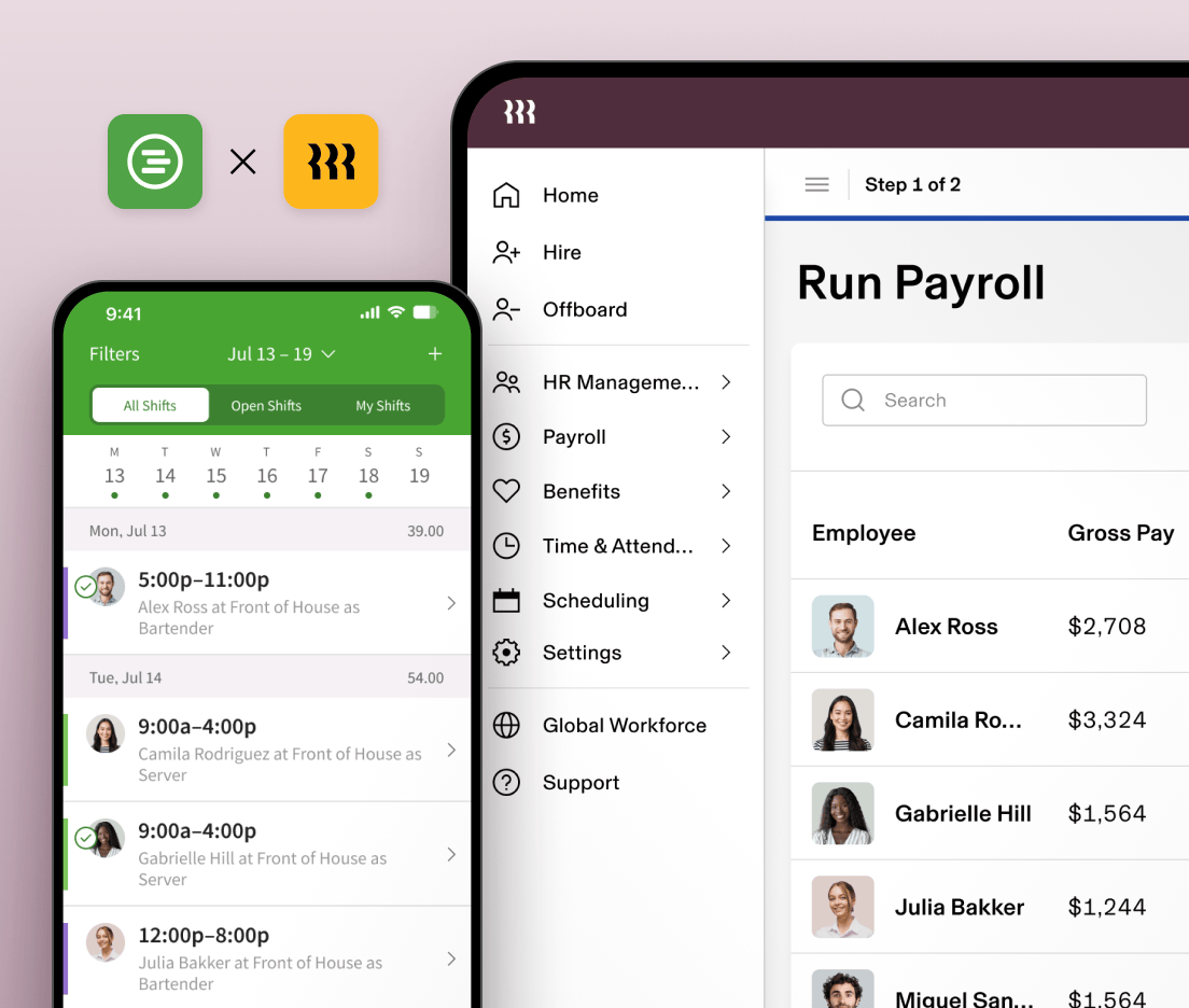 Graphic illustration of a smartphone showing shifts in When I Work and a tablet showing a screen titled "Run Payroll" in Rippling
