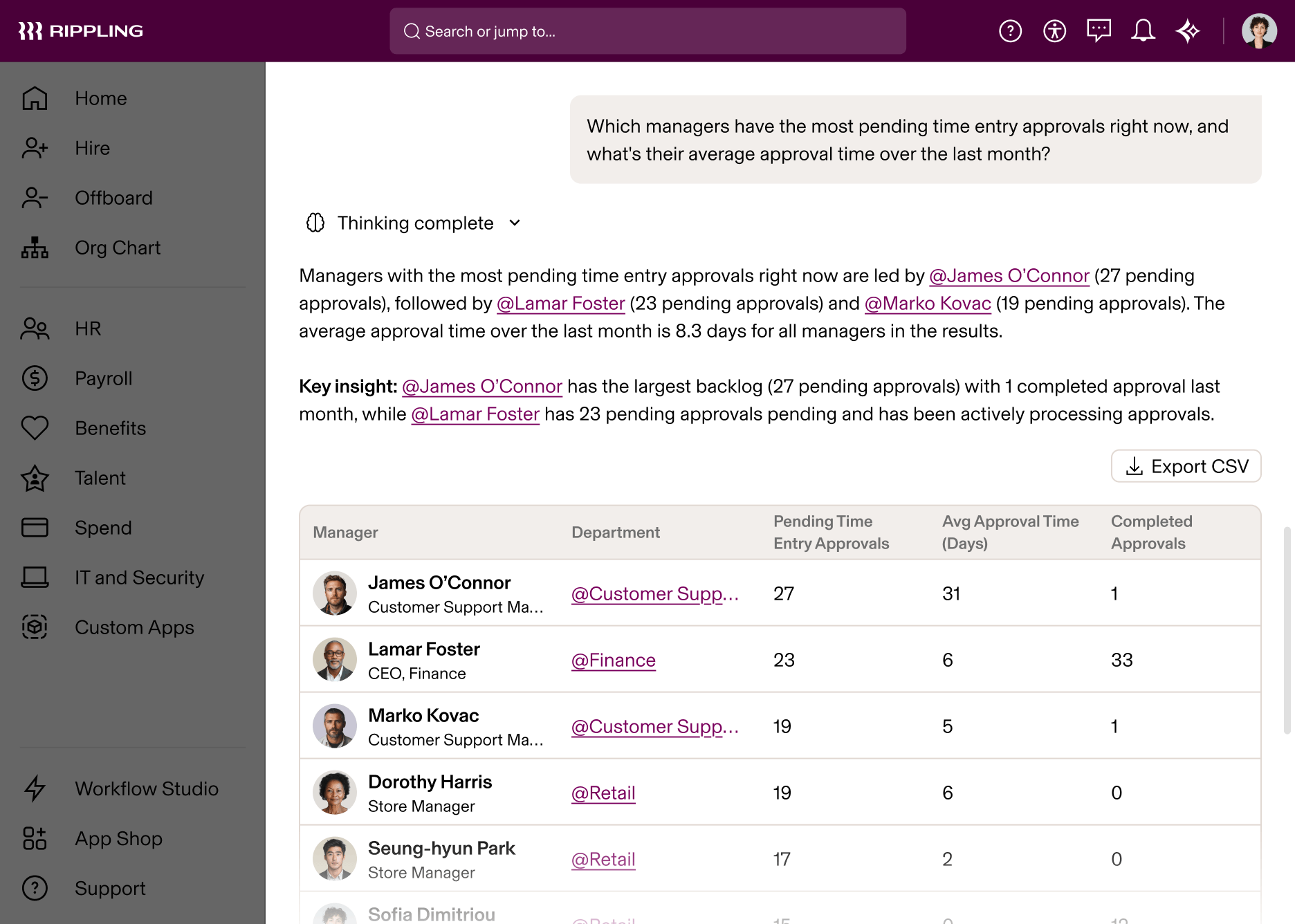 Rippling AI screenshot showing manager time entry approvals data with James O'Connor having the highest backlog of pending approvals