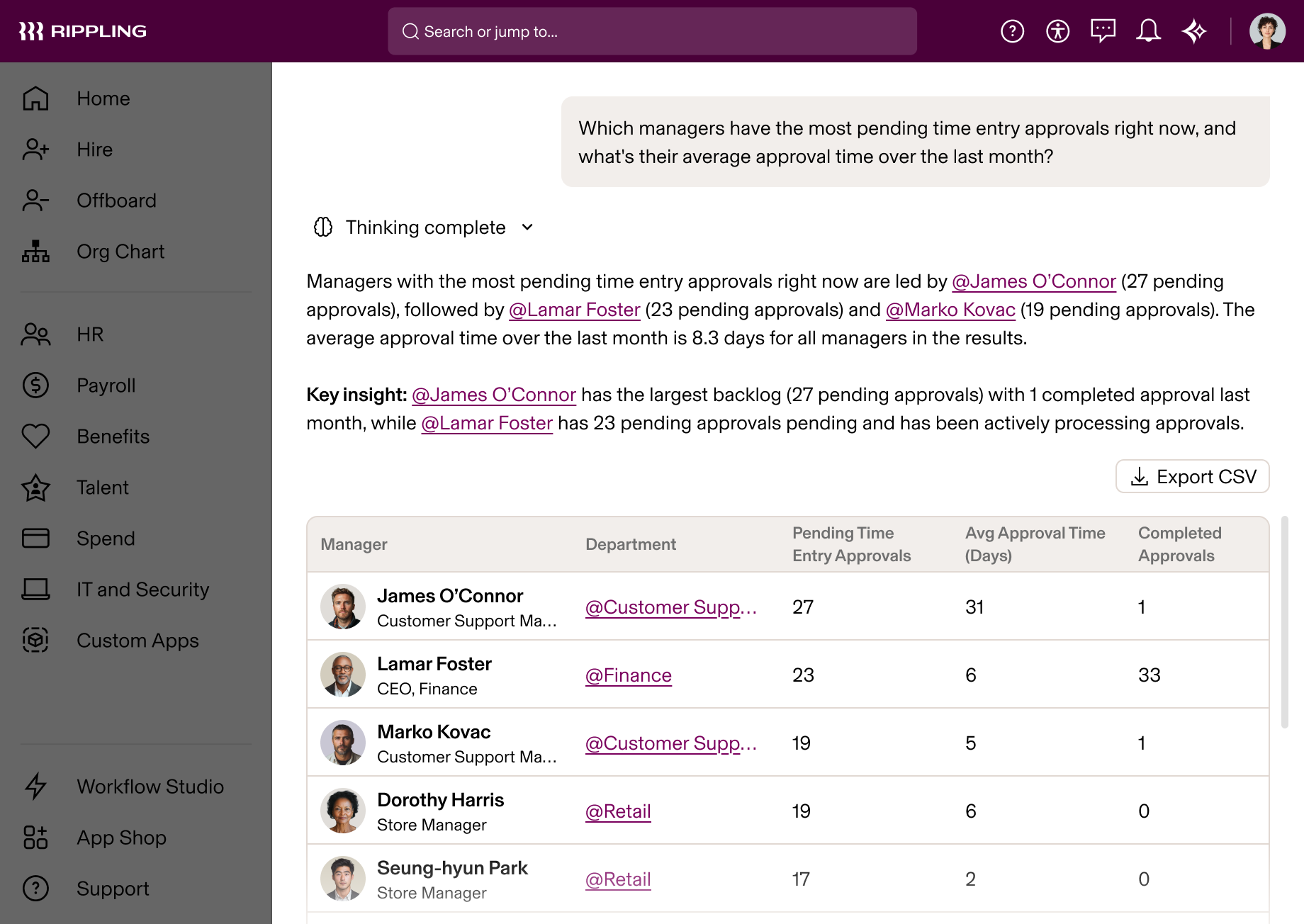 Rippling AI screenshot showing manager time entry approvals data with James O'Connor having the highest backlog of pending approvals
