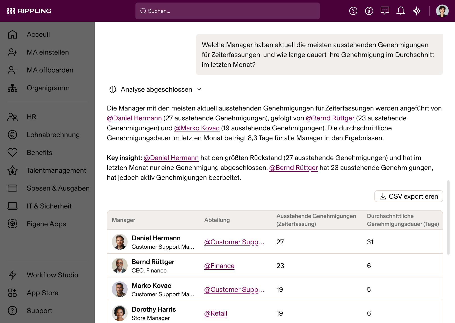 Rippling AI – Auswertung von Freigaben für Zeiterfassungen durch Manager, mit James O’Connor mit dem größten Rückstand