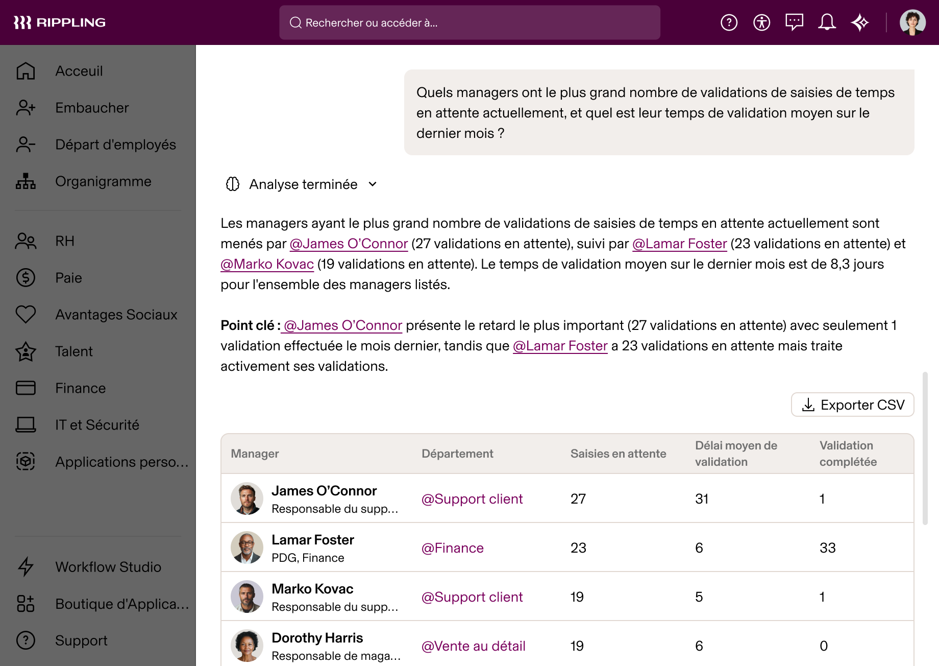 Capture d'écran de Rippling AI montrant les données d'approbation des saisies de temps par les managers, avec James O'Connor ayant le plus grand volume d'approbations en attente
